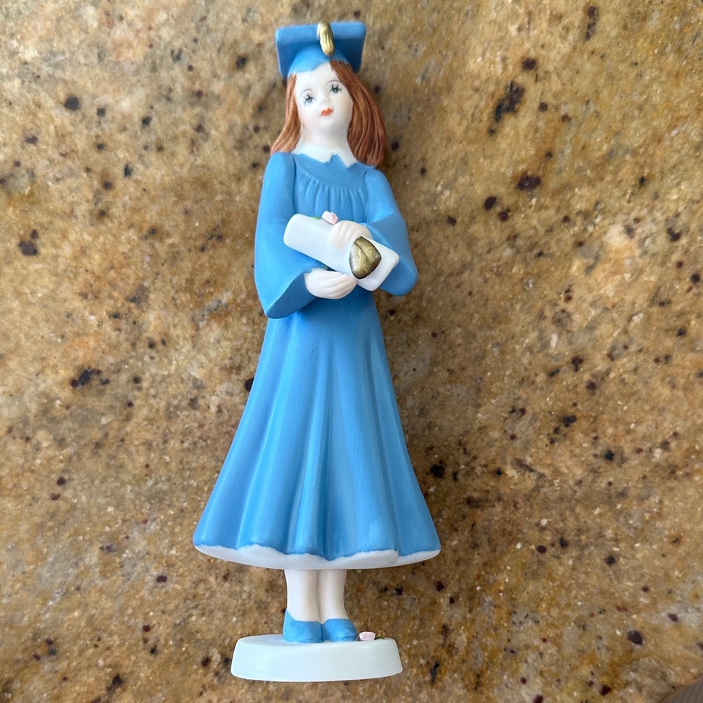 Blue and Gold Graduation cake topper Figurine with brown hair